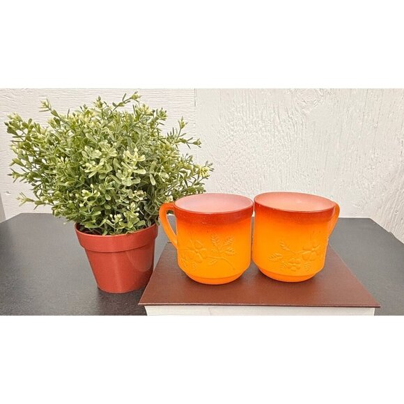 Orange Milk Glass Coffee Mugs with flowers, Mid Century 1950-1960 vintage - Picture 1 of 9